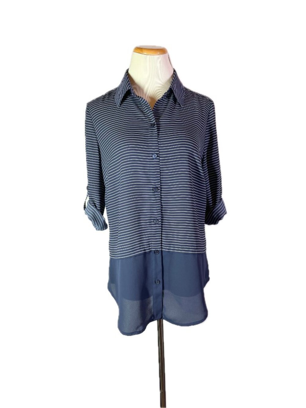 Chico's Size 0 (S) Navy Blue Striped Shirt Roll-Tab Sleeves *Flaw